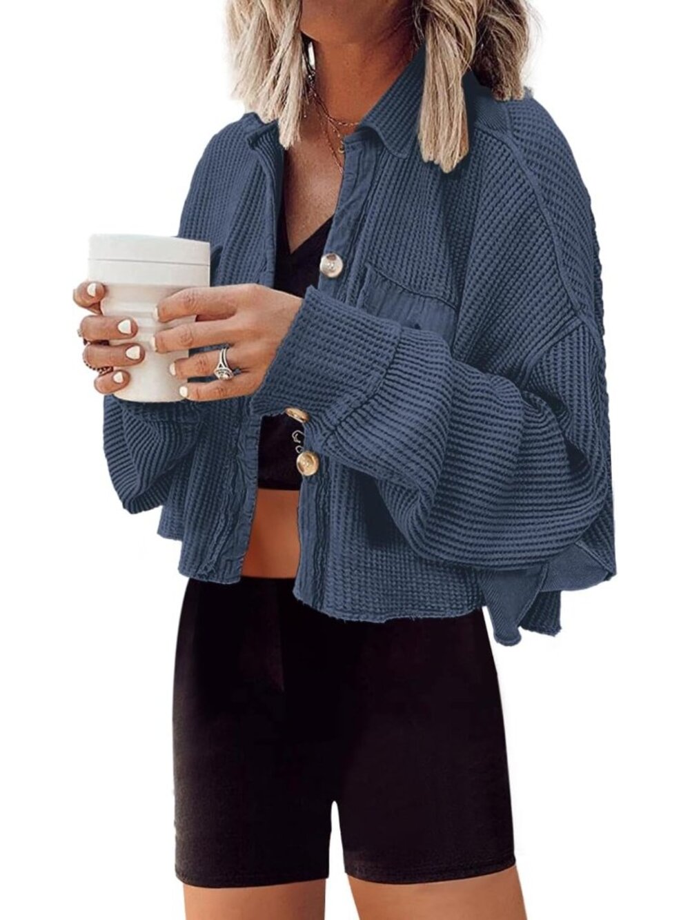 Women Navy Cropped Waffle Knit Button Down Batwing Sleeve Pocket Cardigan Jacket